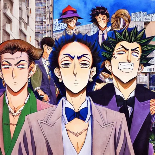 Image similar to a beautiful painting of four well dressed men with perfect anime faces posing for a picture on a city street by hirohiko araki, detailed line art, jojos bizarre adventure