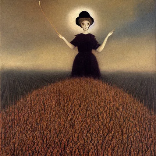 Image similar to by Remedios Varos, a brown haired giantess rising above a field of wheat. Cats are playing. Oil painting, high res, traditional