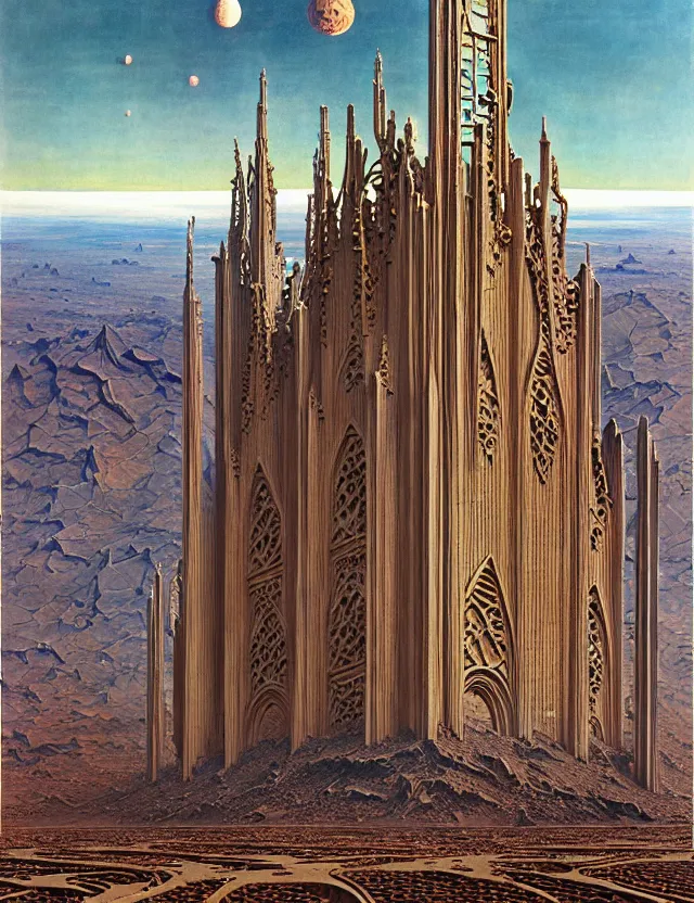 Prompt: giant immense crematorium advanced technology sci - fi architectural structure on desert planet, gothic architecture fantasy, d & d, intricate, painting by lucian freud and mark brooks, bruce pennington