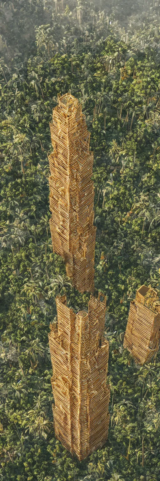 Image similar to photo of vertical golden tower, stacked ancient village, arid mountains and lush palm forest, photo realism, sharp focus, octane