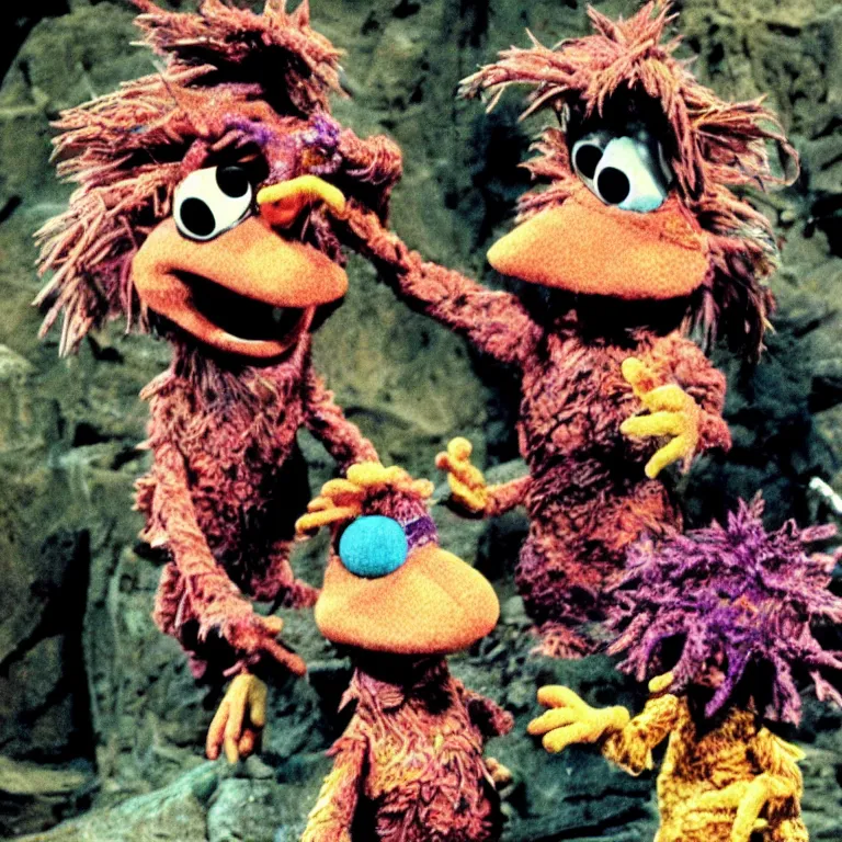 Image similar to gobo fraggle and wembley fraggle discover an ancient city buried deep beneath fraggle rock, lovecraftian cosmic horror, 1 9 8 0 s, vhs, still frame