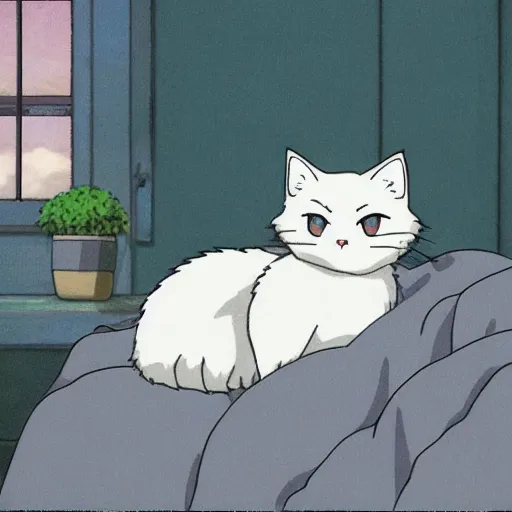 Prompt: beautiful anime by studio ghibli. bicolor gray and white Scottish Fold English Shorthair mix. napping cat on comforter. cozy scene. beautiful anime by studio ghibli.