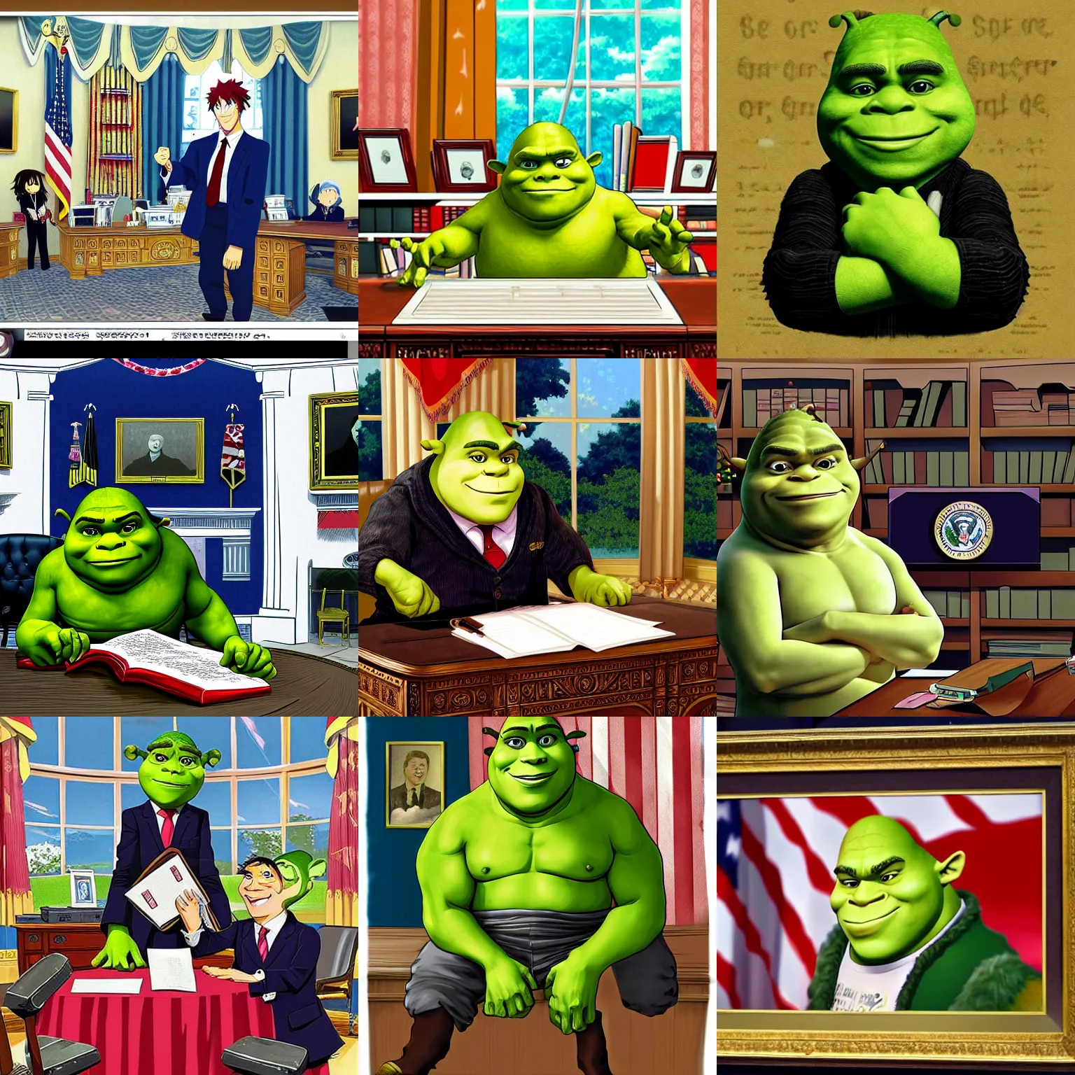 Prompt: anime portrait of shrek as president of the united states, in the oval office