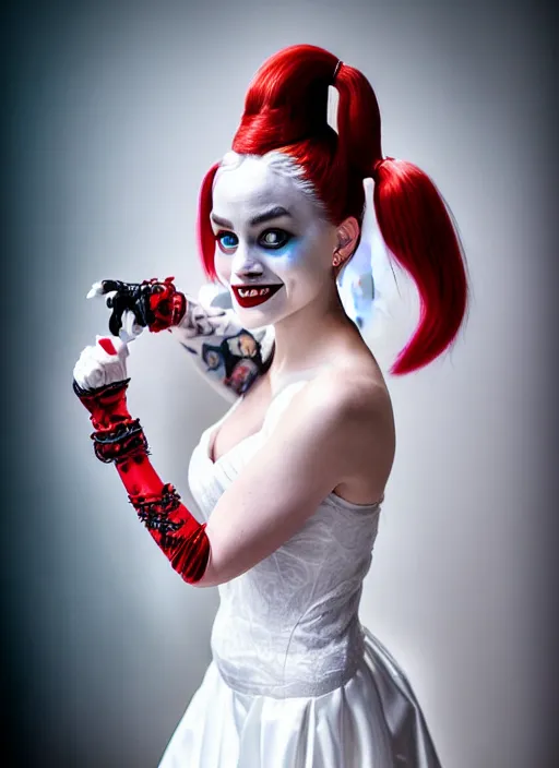 Image similar to funny photo of harley quinn in a white wedding dress, symmetry, awesome exposition, very detailed, highly accurate, intricate, professional lighting diffracted lightrays, 8 k, sense of awe