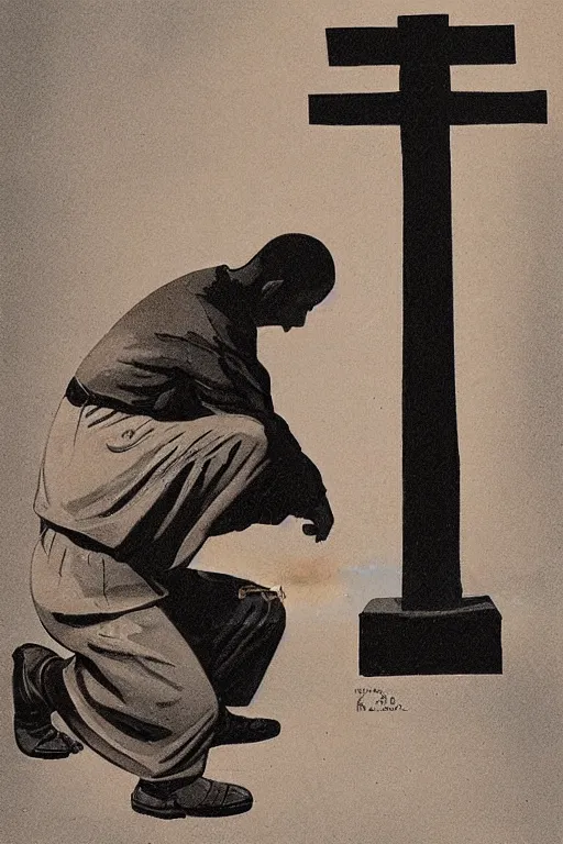 Image similar to man kneeling at the base of a wooden cross, 1960’s advertising art illustration