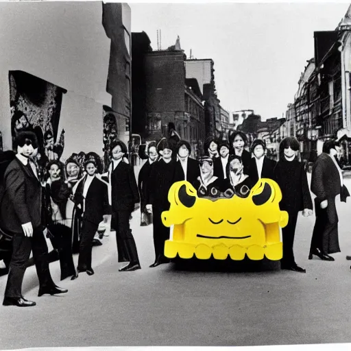 Image similar to the beatles performing yellow submarine on the street