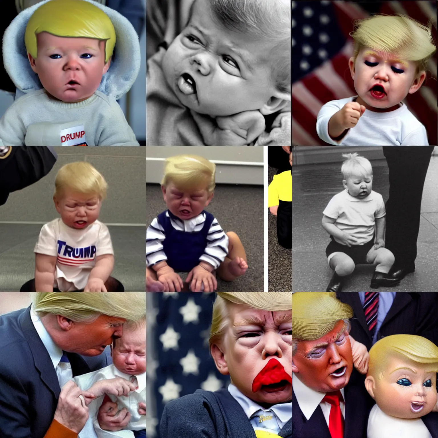 Prompt: baby donald trump, crying, arrested by the fbi