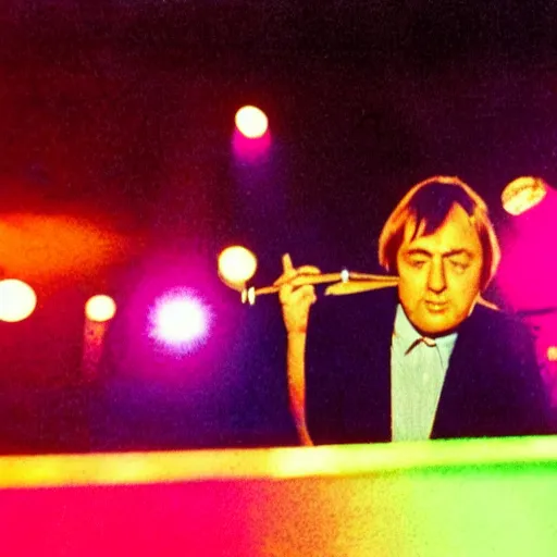 Prompt: colour photograph of 808 satate on top of the pops, close up of Jimmy tarbuck blowing on a shakalute, shallow depth of field cinematic multi coloured light show in the back ground.