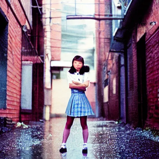 Image similar to 1990s perfect 8K HD professional cinematic photo of close-up japanese schoolgirl posing in sci-fi dystopian alleyway at morning during rain, at instagram, Behance, Adobe Lightroom, with instagram filters, depth of field, taken with polaroid kodak portra