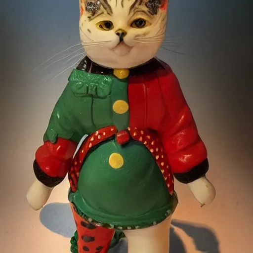 Image similar to New Margaret Le Van Alley Cats statuette, wearing festive clothing, full body render, museum quality photo