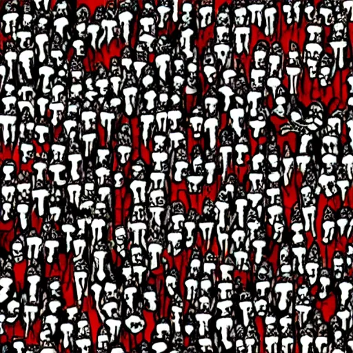 Prompt: where's waldo strip, in dante's hell, lots of demons