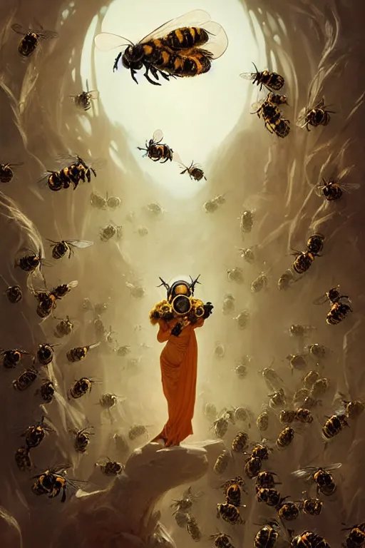 Image similar to fantasy beekeeper, stunning woman, wearing nanotech honeycomb robe, silky, surrounded by bees, cinematic, greg rutkowski, peter mohrbacher