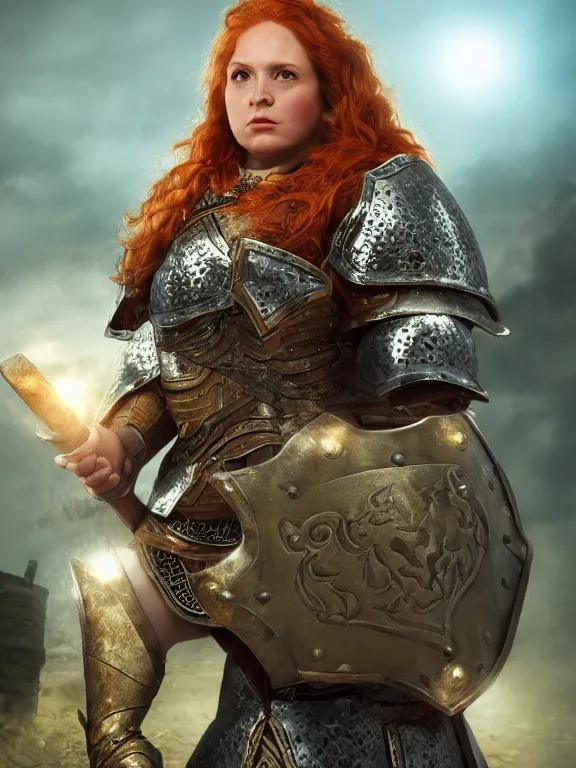 Image similar to dwarven woman, ginger hair, green eyes, holding hammer and shield with plate armour ultra realistic , lens flare, atmosphere, glow, detailed,intricate, full of colour, cinematic lighting, trending on artstation, 4k, hyperrealistic, focused, extreme details,unreal engine 5, cinematic, masterpiece