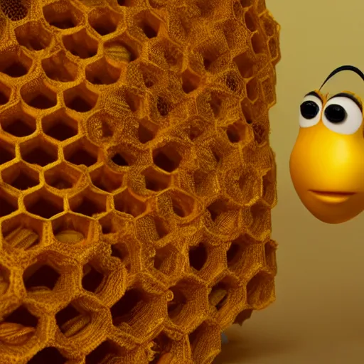 Prompt: 3d render pixar cartoon honey bee with an afro inside of a honeycomb dripping with honey hd octane render