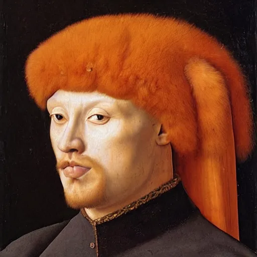 Image similar to portrait of a king with an orange cats head for a head, oil painting by jan van eyck, northern renaissance art, oil on canvas, wet - on - wet technique, realistic, expressive emotions, intricate textures, illusionistic detail