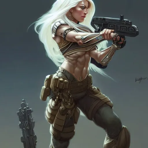 Image similar to female hot soldier with white hair, muscular upper body, D&D, fantasy, intricate, elegant, highly detailed, digital painting, artstation, concept art, smooth, sharp focus, illustration, art by artgerm and greg rutkowski and alphonse mucha