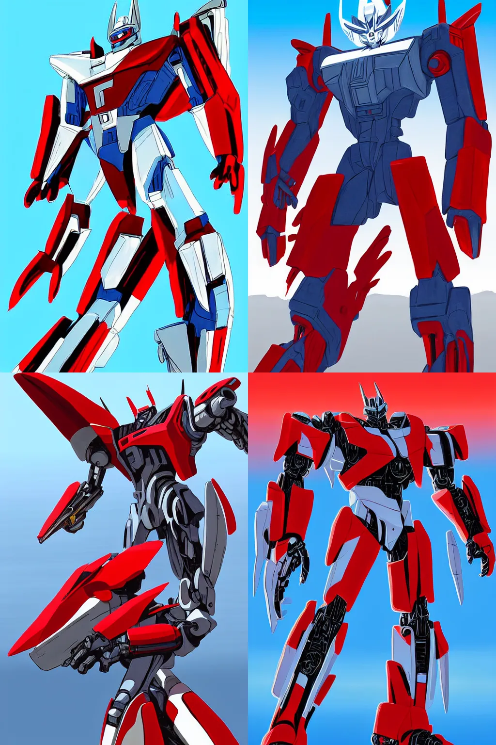 Prompt: Character Portrait of Jetfire from Transformers on a clear sunny day and a blue sky standing in the bonneville salt flats, red and white color scheme, digital painting, concept art, giant robot, pacific rim, glowing eyes, Jetfire!!!!!, Jet parts, Intricate, Highly Detailed, Transformers!!!!!!!!!!!!!, Skyfire, Battroid Mode, Zone of Enders, Genesis of Aquarion, Aquarion, Anime Robots, Character Splash Art, Jet Wings on the back, Mecha Anime, Anime, Robots, Robot, Robot Mode, 8k, ultra realistic, illustration, splash art, rule of thirds, good value control, John Singer Sargent, William-Adolphe Bouguereau, Yoshifumi Ushima, Takeyuki Kanda, Shotaro Ishinomori, Ken Ishikawa, Umanosuke Iida