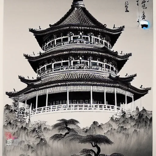 Prompt: taiyuan twin pagodas, chinese ink painting, monochrome,