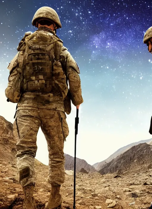 Image similar to two soldiers hiking in Afghanistan hills, digital art, galaxy sky, dramatic light, oscar winning movie poster, realistic, render, photorealistic intricate