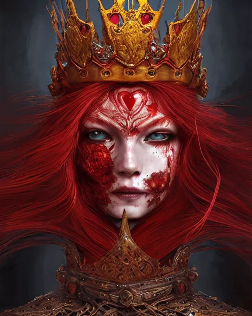 Prompt: redhead queen in heavy red armor, inside an epic gothic castle, baroque, large crown helmet, heart eyes, face with scars, mad grin, insane smile, intimidating, ominous, high fantasy, intricate detail, digital painting, artstation, concept art, smooth, sharp focus, illustration, art by yoshitaka amano and monia merlo and wlop