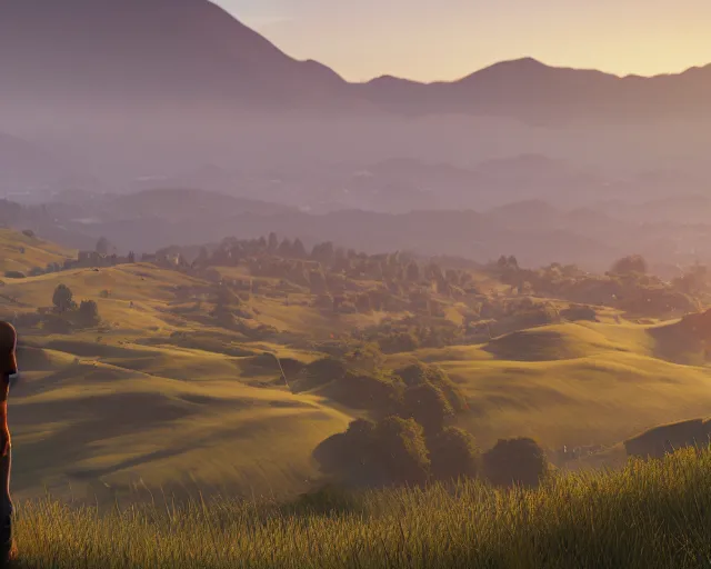 Prompt: A man standing in hills and fields with a city in the distance, extremely detailed, unreal engine, artstation, artstationHQ, artstationHD, 4k, 8k, ultra high res