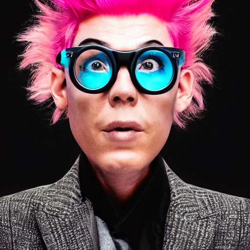 Prompt: portrait of a Rick Sanchez cyberpunk pink hairstyle serious facial expression hipster glasses by Mario Testino, headshot, detailed, award winning, Sony a7R