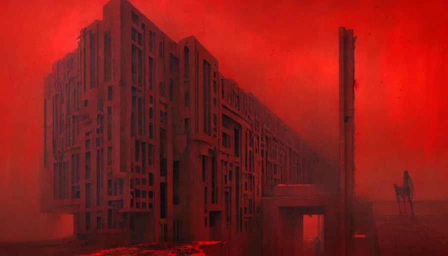 Image similar to only with red, soviet communism horror brutalist architecture apocalyptic with soviet flag, crowd cheering, in the style of beksinski and rodcenko and yue minjun and cory loftis, intricate and epic composition, red by caravaggio, highly detailed, masterpiece, red light, artstation, art nouveau