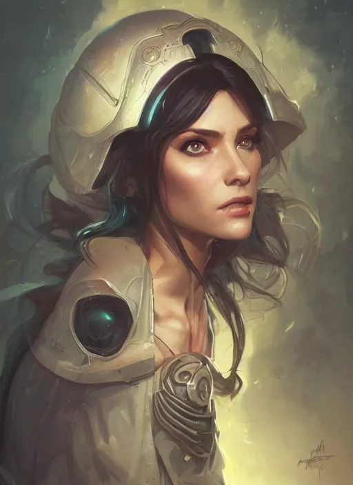 Image similar to a woman with a buggy television head, headshot, painted fantasy character portrait, D&D, highly detailed, digital painting, artstation, sharp focus, art by artgerm and greg rutkowski and alphonse mucha and magali villeneuve
