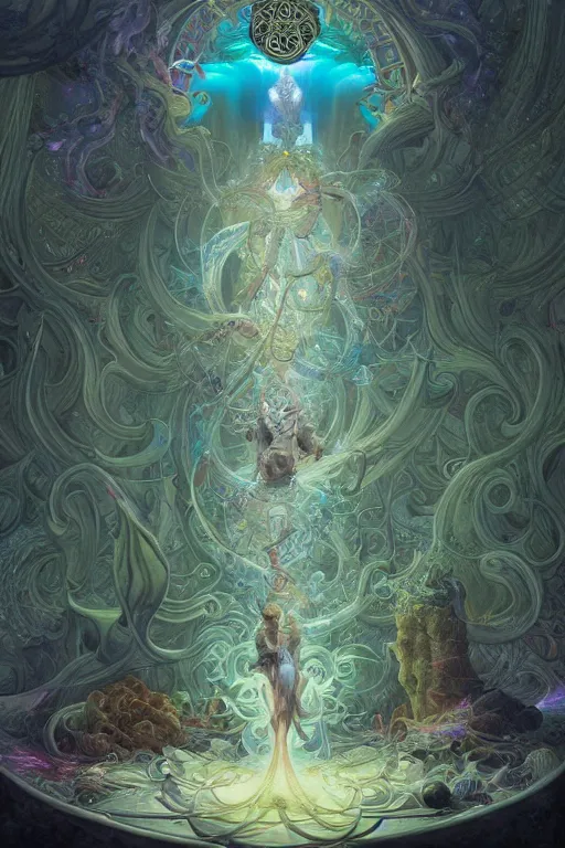 Image similar to god of portals, tarot card, fantasy drawing made of fractals, ultra realistic, wide angle, art nouveau, intricate details, rainbowshift, vivid colors, highly detailed by peter mohrbacher, wayne barlowe, maxfield parrish, aaron horkey, gaston bussiere, craig mullins