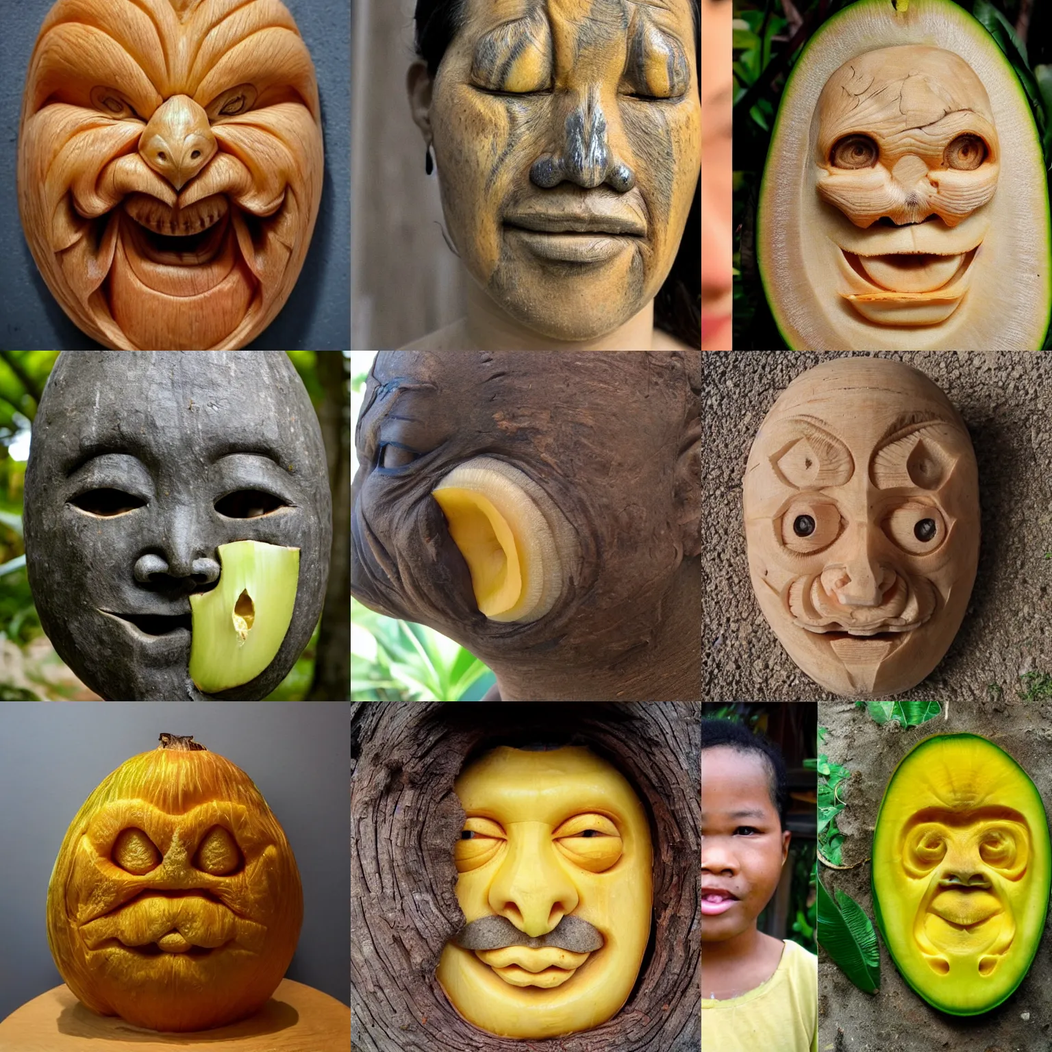 Prompt: jackfruit carved into a face