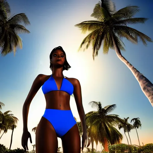 Prompt: a side angle shot of a beautiful ebony woman standing in front of a palm tree in a blue and white bikini sharp focus highly detailed volumetric lighting by greg rutkowski