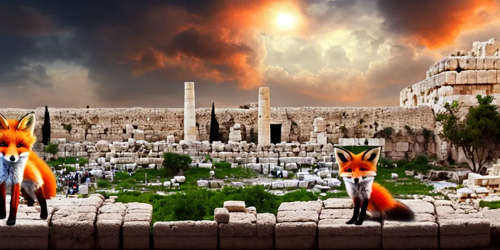 Image similar to a adorable small fox in the huge ruins of the second temple in jerusalem in the distance. the third temple hovers quietly hiding in the dreamy clouds above. a hooded bearded old man in a brown tunic laughing, colorful 8 k, art station, intricate superb details, digital art, illusion painting hidden temple.