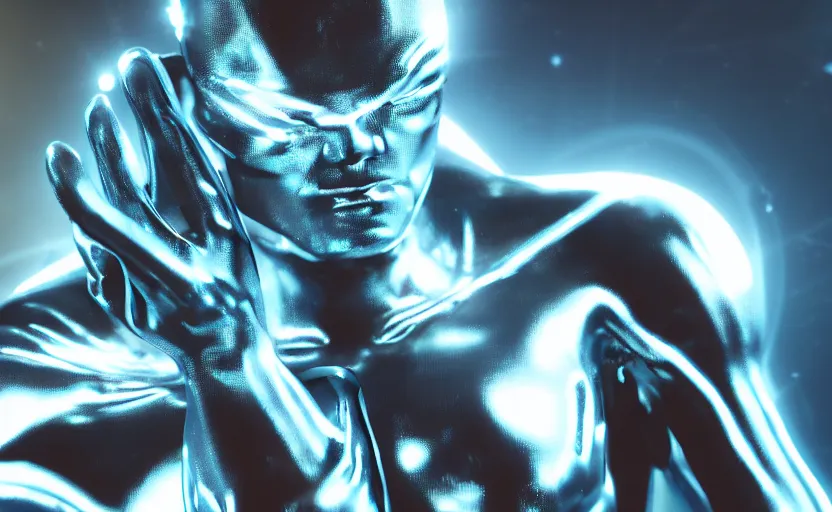 Image similar to silver surfer by bill sienkiewicz, stellar, macro up view metallic, tron, close up bokeh hiperrealistic neon glow darkness dramatic neon, sharp focus, octane render, imax