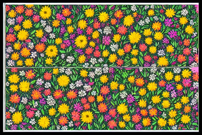 Image similar to in the style of neurographic drawing of a field of flowers