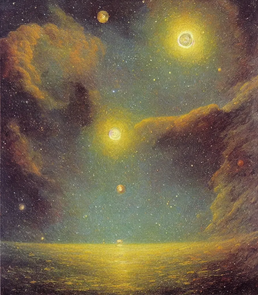 Prompt: an impasto oil painting of a beautiful planet in a the universe painted by caspar david friedrich, light colors, starts, galaxy, impressionism