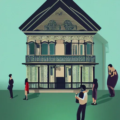 Prompt: people looking at a house, intricate, elegant, highly detailed, vector illustration, artstation, concept art, smooth, sharp focus, illustration, art by jonny wan, sea green color scheme