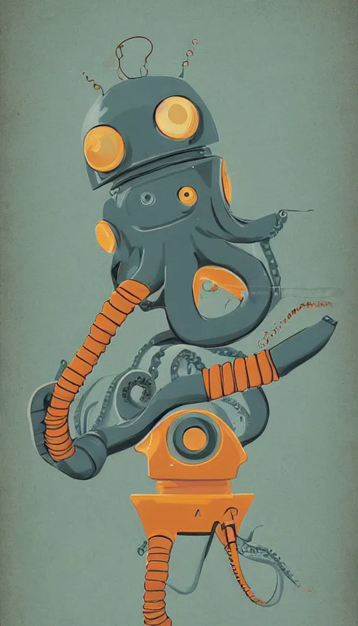 Prompt: 1 9 5 0 s retro future robot android octopus. muted colors. by wayne pennington