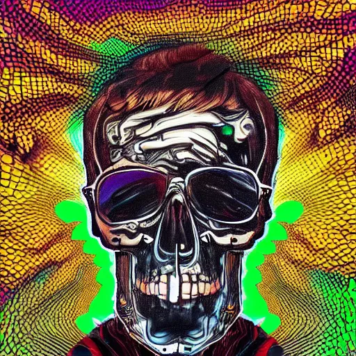 Image similar to dripping honey, portrait of skull, trippy, glitch, miyazaki style, exaggerated accents
