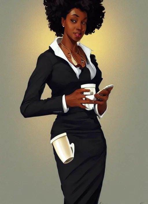 Image similar to detailed digital painting of beautiful black woman in corporate attire holding a cell phone and steaming coffee mug, fanart behance trending on artstation, concept art, matte, sharp focus, illustration, corner office background, art by artgerm and greg rutkowski and alphonse mucha