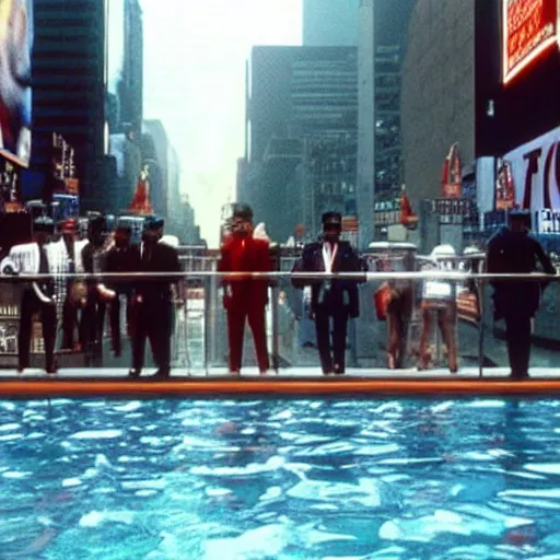 Image similar to still of donald trump clones invading time square, wearing medieval helmets, in american psycho ( 1 9 9 9 ), and still of liminal swimming pools, in american psycho ( 1 9 9 9 )