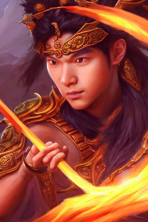 Prompt: a masterpiece portrait of nezha, legendary god holding spear, boy, flame everywhere, epic pose, fantasy character portrait, closeup shot, hyper detailed, digital painting, 8 k realistic, trending on artstation, sharp focus, dof, by fenghua zhong, artgerm, ne zha from smite, jeff easley, raymond swanland