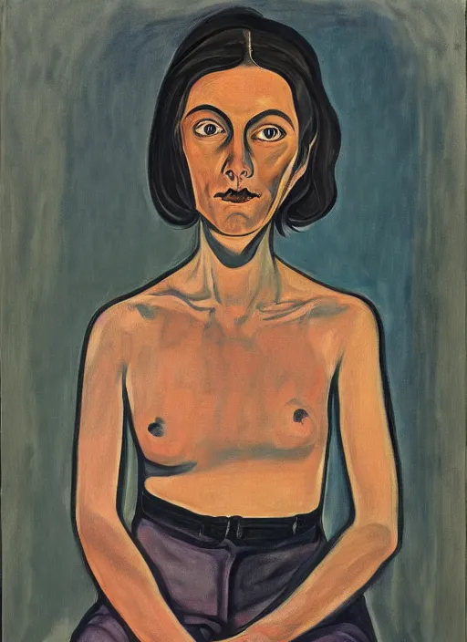 Image similar to a portrait of a pretty sewer punk young lady by alice neel