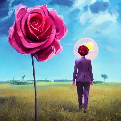 Image similar to portrait, giant rose flower head, girl walking in a suit, surreal photography, sunrise, blue sky, dramatic light, impressionist painting, digital painting, artstation, simon stalenhag