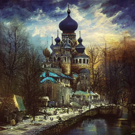 Prompt: photo beautiful magical ancient Slavic Russian city of Kitezh, fisheye lens, painting by Viktor Vasnetsov, concept art, magical city, fantasy cityscape, ancient Slavs, wooden buildings, ancient Russian architecture, terem, hyperborea, top cinematic lighting , cinematic mood, very detailed, 8k, high resolution, trending on artstation, artstationHD,