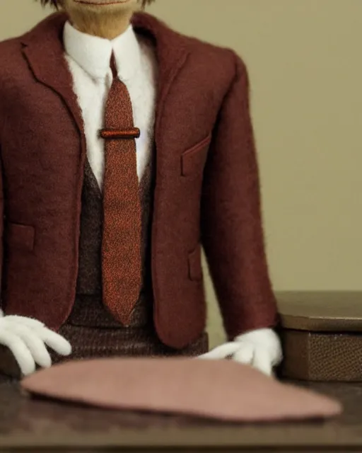 Prompt: dwight schrute with brown suit as a muppet. highly detailed felt. hyper real photo. 4 k.