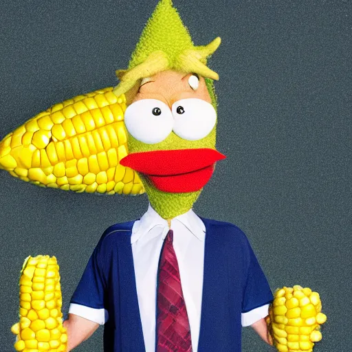 Image similar to a photoreal image of the character Doug from the tv show Doug as anthropomorphic corn.