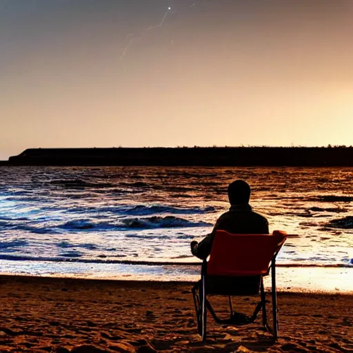 Prompt: man on beach siting in a chair watching the sky as a comet is heading towards earth