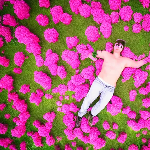 Image similar to aerial view photo of a guy laying in a field of flowers looking at the camera, pastel faded effect, synthwave colors, 8K