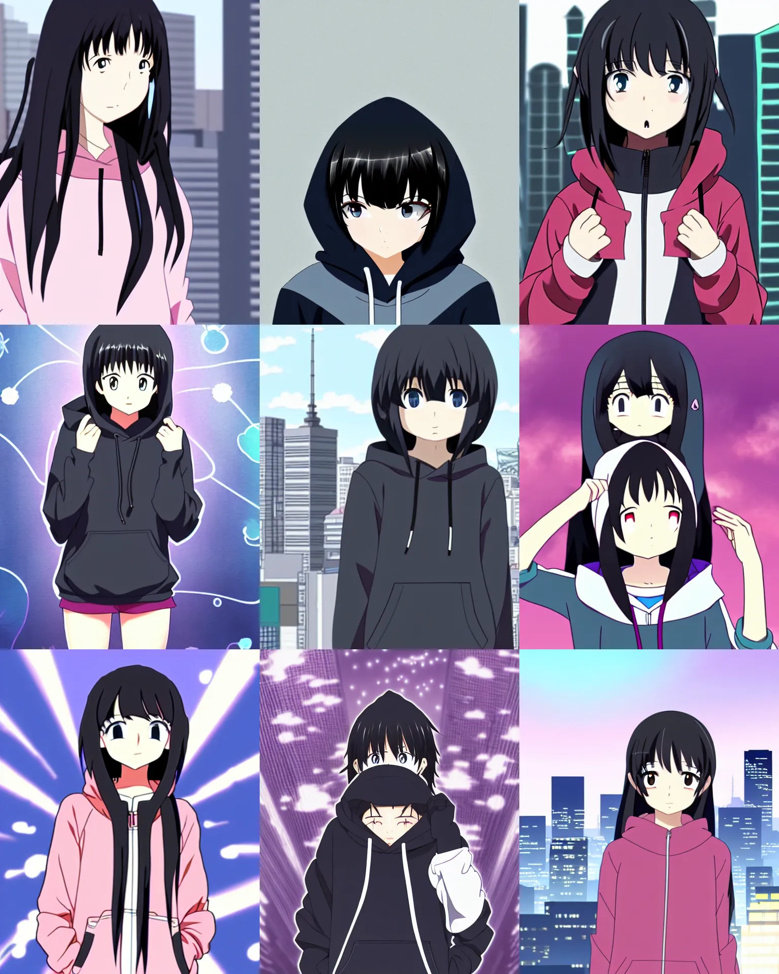 Prompt: black haired girl wearing hoodie, city, anime visual, tokyo animation