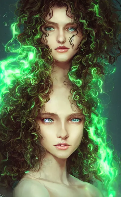 Image similar to a young woman with wild, curly hair and bright green eyes. she's wearing a flowing dress made of light, airy fabric and she has a mischievous look on her face, dynamic lighting, photorealistic fantasy concept art, trending on art station, stunning visuals, creative, cinematic, ultra detailed